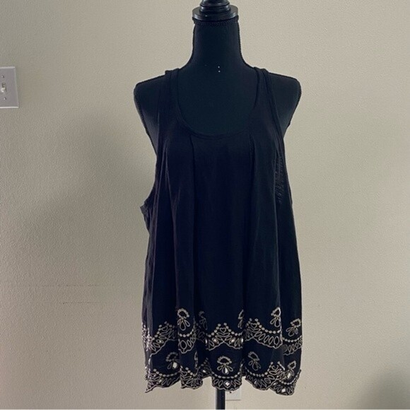 Free People Blouse Women’s Size Small Black Attina Scalloped Embroidered Tank - Picture 2 of 13